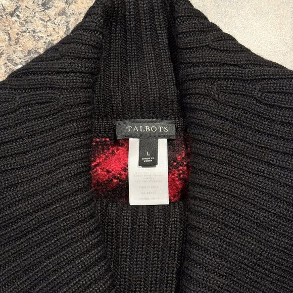 Talbots Poncho Sweater Fringe Buffalo Plaid Western Equestrian Red Black Large - Picture 3 of 6